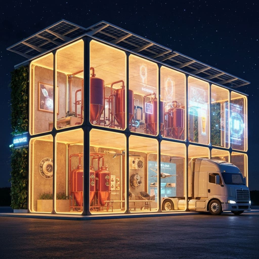 Futuristic modular truck-stop oasis with craft brewery, aviation gear, and sustainable architecture at night