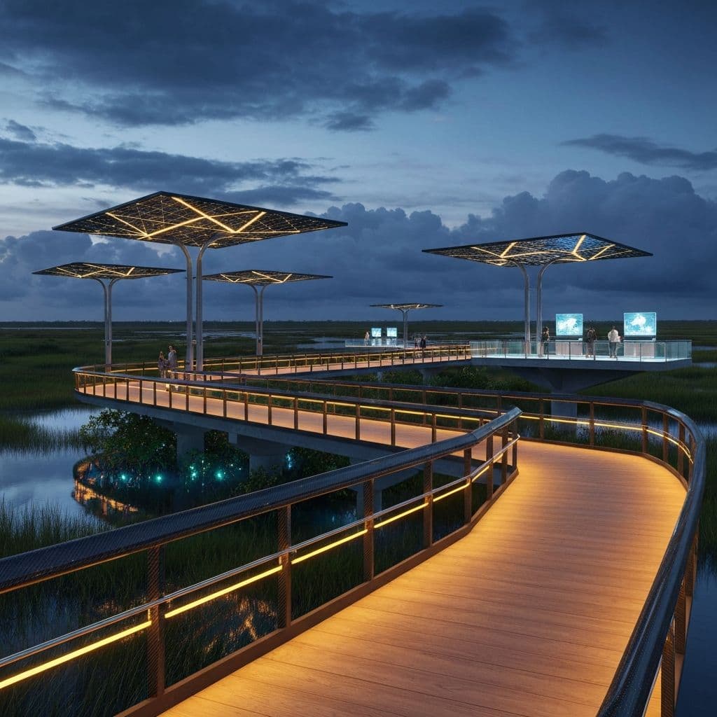 Elevated solar-powered boardwalk floating above bioluminescent wetland marshes at twilight