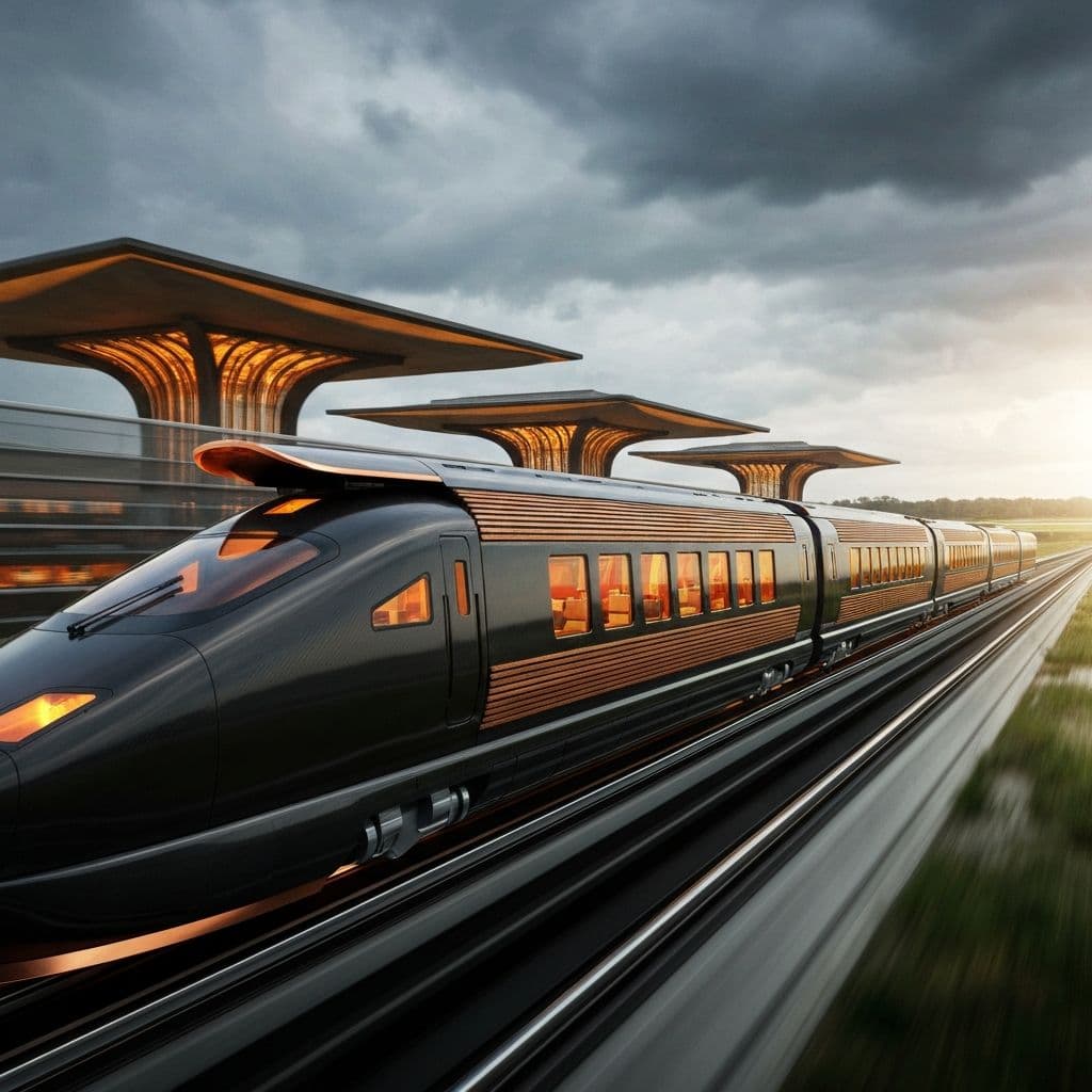 Futuristic luxury bullet train with Frank Lloyd Wright organic architecture speeding through Mississippi delta