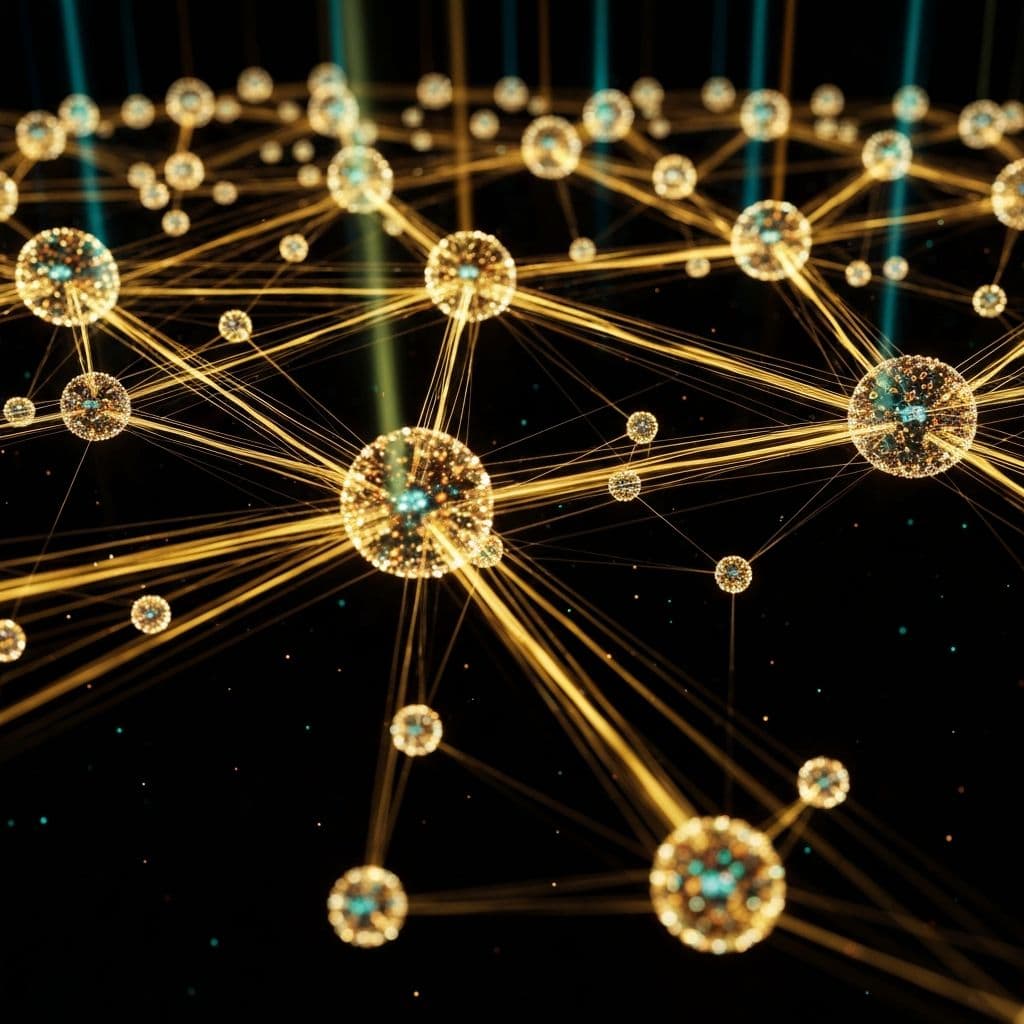 Quantum computing neural network visualization with golden energy streams and crystalline data nodes